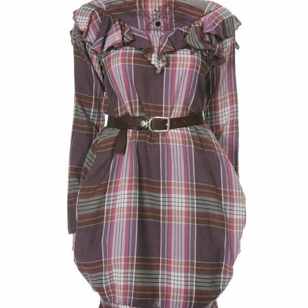 High Use Directional Pink Check Dress Ruffle Embroidered L NEW